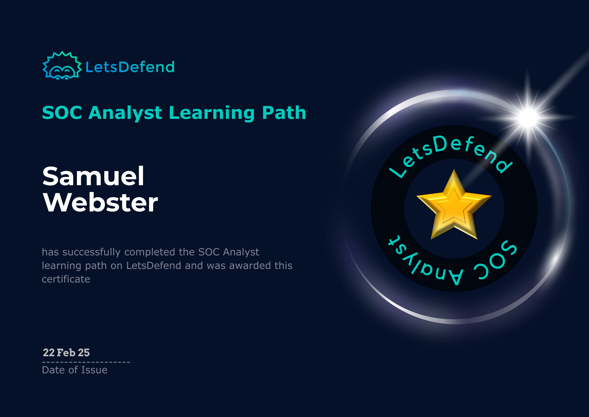 SOC Analyst Learning Path certificate preview